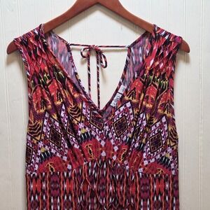 Cato Dress Womens Large Red Geometric V Neck Midi Sundress Boho Tribal